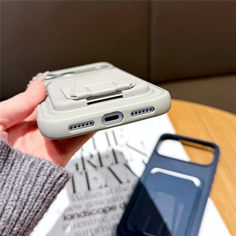 For iPhone 17 Pro Max Phone Case with Card Holder Kickstand Leather PC TPU Shockproof Protective Cover - Dark Green