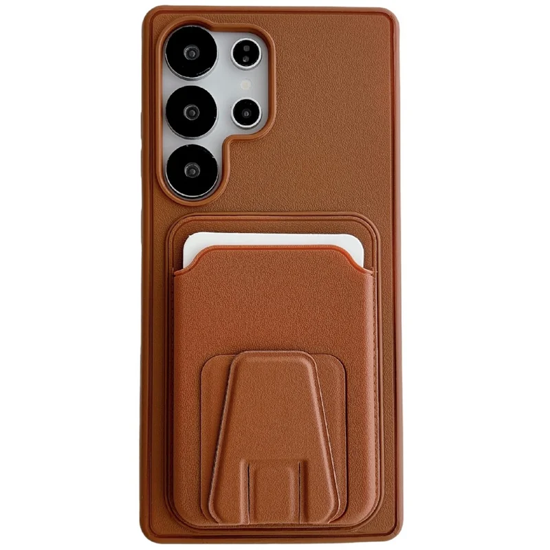 For Samsung Galaxy S25 Ultra Phone Case with Card Holder Kickstand Leather PC TPU Shockproof Protective Cover - Brown