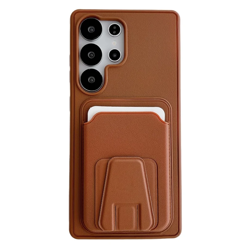 For Samsung Galaxy S26 Ultra Phone Case with Card Holder Kickstand Leather PC TPU Shockproof Protective Cover - Brown
