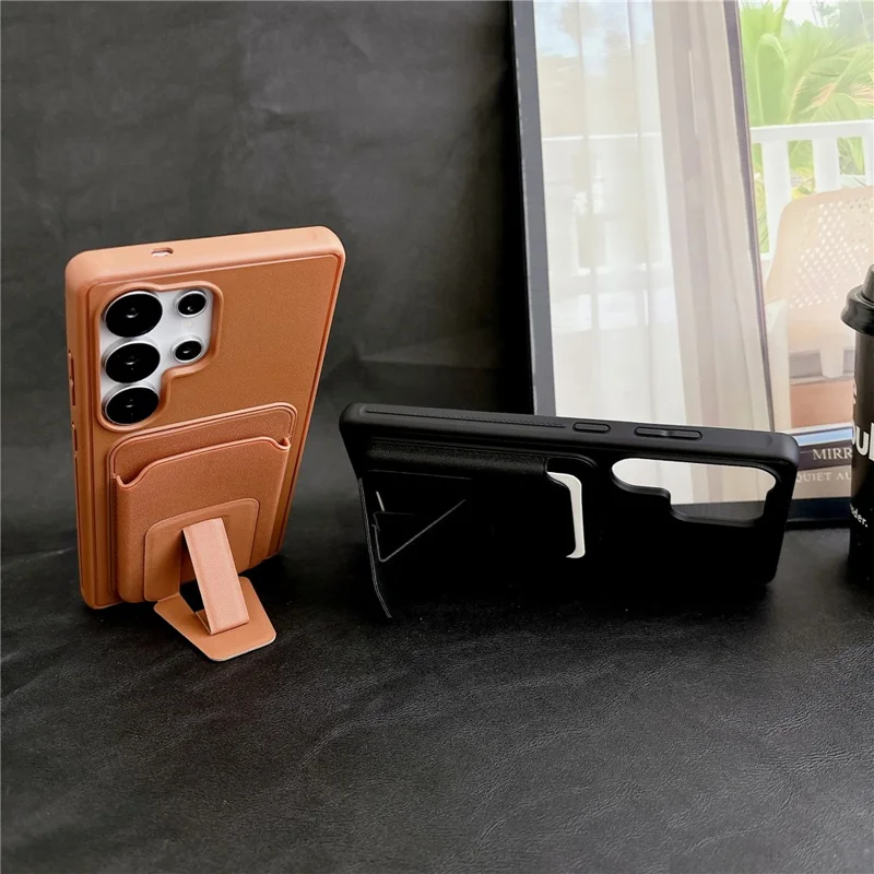 For Samsung Galaxy S26 Ultra Phone Case with Card Holder Kickstand Leather PC TPU Shockproof Protective Cover - Brown