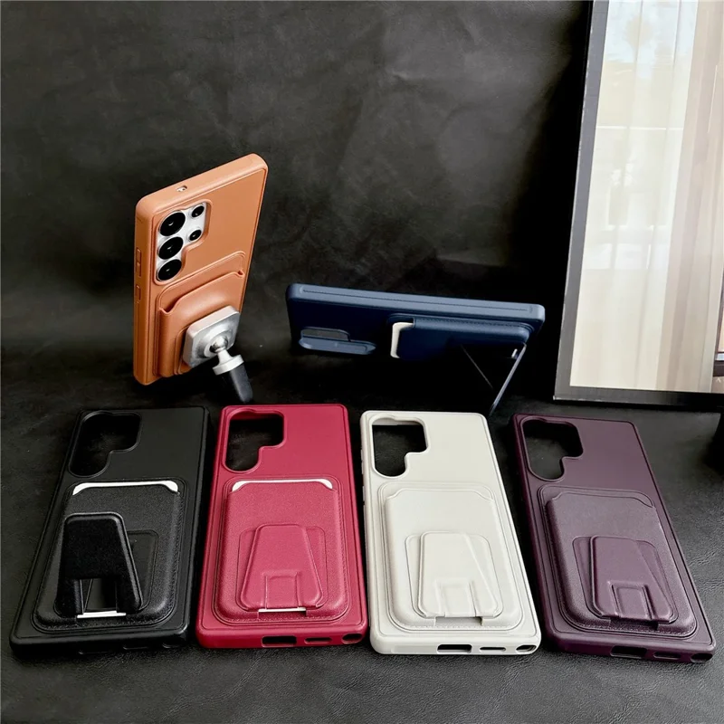 For Samsung Galaxy S26 Ultra Phone Case with Card Holder Kickstand Leather PC TPU Shockproof Protective Cover - Brown