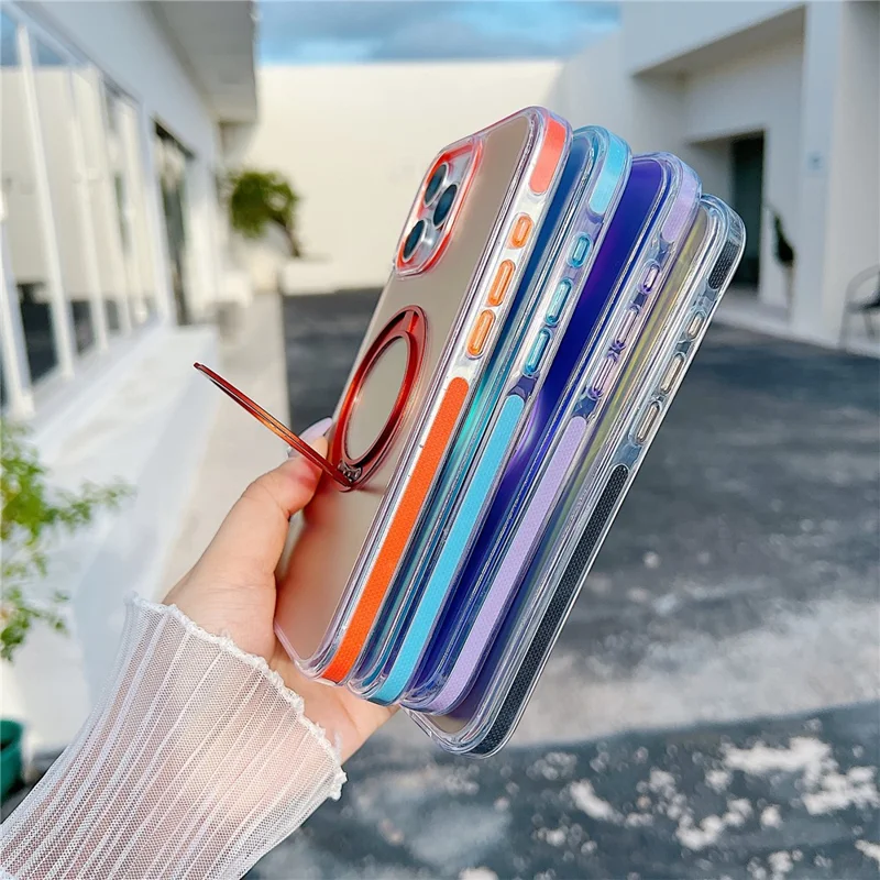 For iPhone 16 Pro Magnetic Case Kickstand Laser Color Changing Anti Drop TPU PC Phone Cover Compatible with MagSafe - Purple