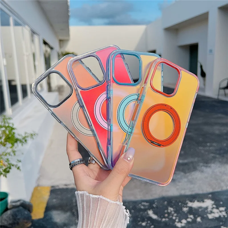 For iPhone 16 Pro Magnetic Case Kickstand Laser Color Changing Anti Drop TPU PC Phone Cover Compatible with MagSafe - Purple