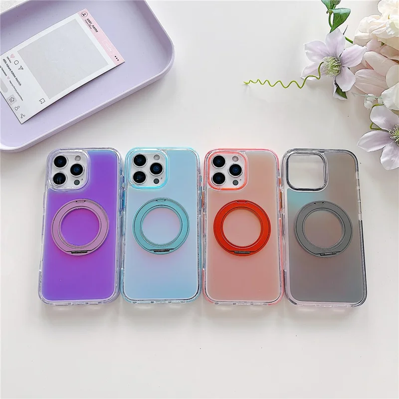 For iPhone 16 Pro Magnetic Case Kickstand Laser Color Changing Anti Drop TPU PC Phone Cover Compatible with MagSafe - Purple