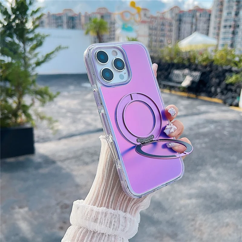For iPhone 16 Pro Max Magnetic Case Kickstand Laser Color Changing Anti Drop TPU PC Phone Cover Compatible with MagSafe - Purple