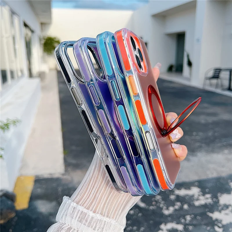 For iPhone 16 Pro Max Magnetic Case Kickstand Laser Color Changing Anti Drop TPU PC Phone Cover Compatible with MagSafe - Purple