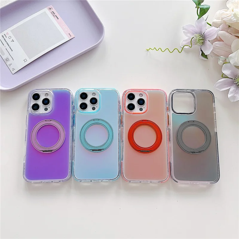 For iPhone 16 Pro Max Magnetic Case Kickstand Laser Color Changing Anti Drop TPU PC Phone Cover Compatible with MagSafe - Purple