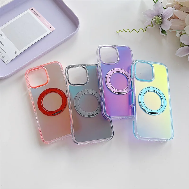 For iPhone 16 Pro Max Magnetic Case Kickstand Laser Color Changing Anti Drop TPU PC Phone Cover Compatible with MagSafe - Purple
