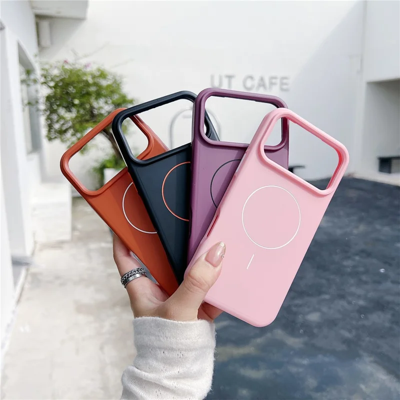 For iPhone 17 Pro Max Magnetic Case Solid Color Skin Touch Rubberized TPU PC Phone Cover Compatible with MagSafe - Brown  /  White