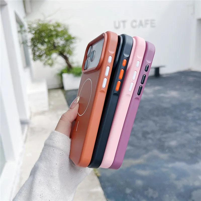 For iPhone 17 Pro Magnetic Case Solid Color Skin Touch Rubberized TPU PC Phone Cover Compatible with MagSafe - Brown  /  White