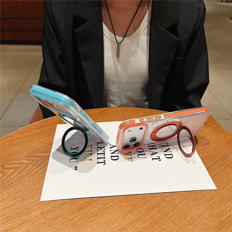 For iPhone 17 Pro Max Magnetic Case Rotating Kickstand with Gear Sound Effect TPU PC Clear Phone Cover Compatible with MagSafe - Purple