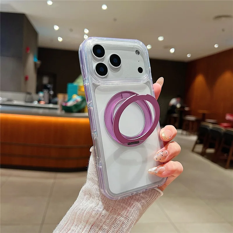 For iPhone 17 Pro Magnetic Case Rotating Kickstand with Gear Sound Effect TPU PC Clear Phone Cover Compatible with MagSafe - Purple