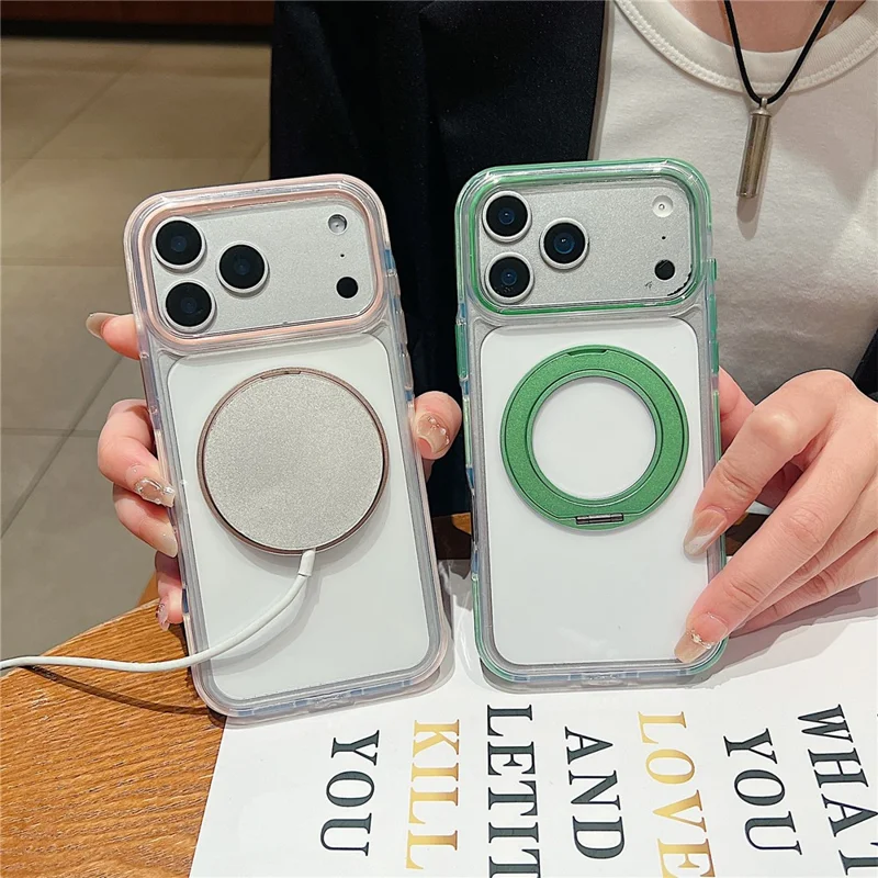 For iPhone 17 Pro Magnetic Case Rotating Kickstand with Gear Sound Effect TPU PC Clear Phone Cover Compatible with MagSafe - Purple