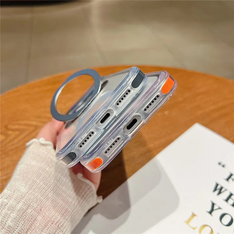 For iPhone 17 Pro Magnetic Case Rotating Kickstand with Gear Sound Effect TPU PC Clear Phone Cover Compatible with MagSafe - Purple