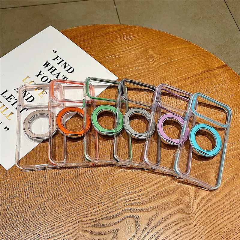 For iPhone 17 Pro Magnetic Case Rotating Kickstand with Gear Sound Effect TPU PC Clear Phone Cover Compatible with MagSafe - Purple