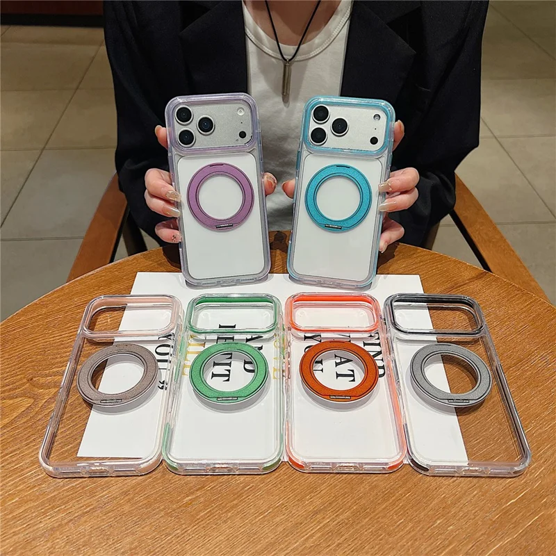 For iPhone 17 Pro Magnetic Case Rotating Kickstand with Gear Sound Effect TPU PC Clear Phone Cover Compatible with MagSafe - Purple