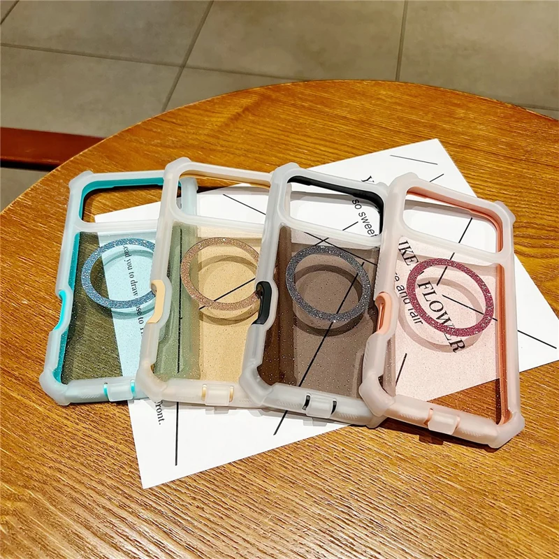 For iPhone 17 Pro Max Case Glitter Shockproof Clear Acrylic TPU Phone Cover Built-in Non-Magnetic Iron Ring - Transparent Pink