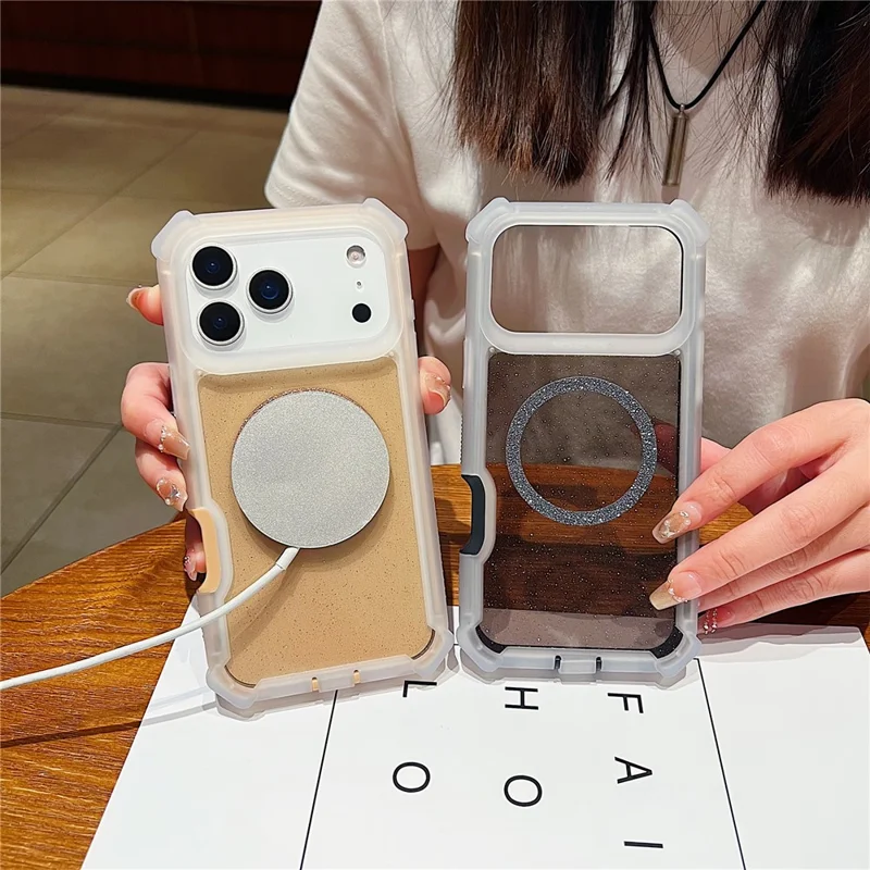 For iPhone 17 Pro Case Glitter Shockproof Clear Acrylic TPU Phone Cover Built-in Non-Magnetic Iron Ring - Transparent Pink