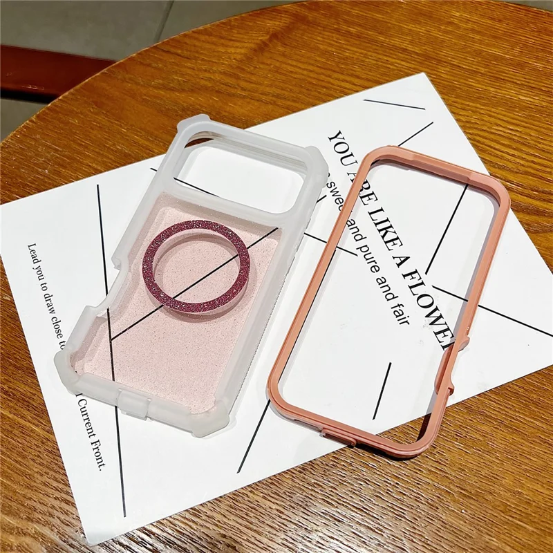 For iPhone 17 Pro Case Glitter Shockproof Clear Acrylic TPU Phone Cover Built-in Non-Magnetic Iron Ring - Transparent Pink