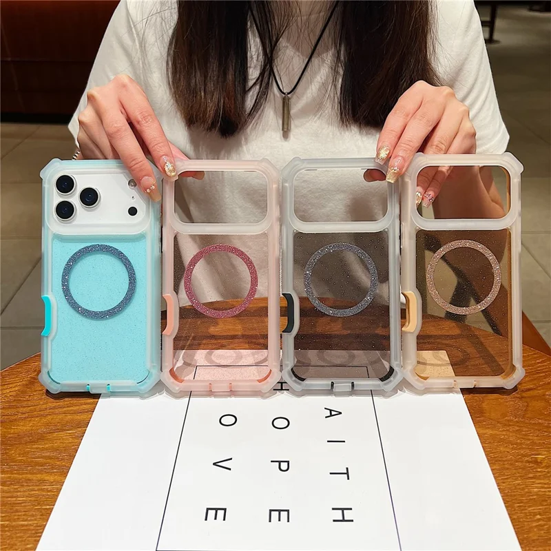 For iPhone 17 Pro Case Glitter Shockproof Clear Acrylic TPU Phone Cover Built-in Non-Magnetic Iron Ring - Transparent Pink
