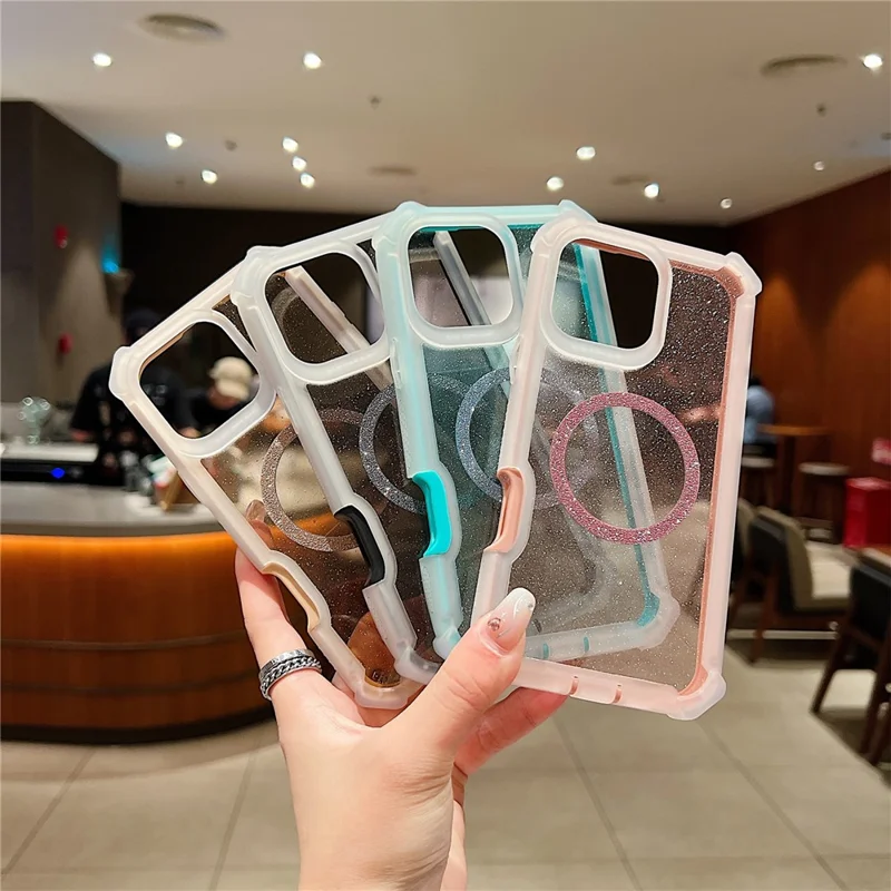 For iPhone 16 Pro Max Case Glitter Shockproof Clear Acrylic TPU Phone Cover Built-in Non-Magnetic Iron Ring - Transparent Gold