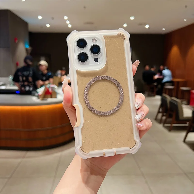 For iPhone 16 Pro Case Glitter Shockproof Clear Acrylic TPU Phone Cover Built-in Non-Magnetic Iron Ring - Transparent Gold