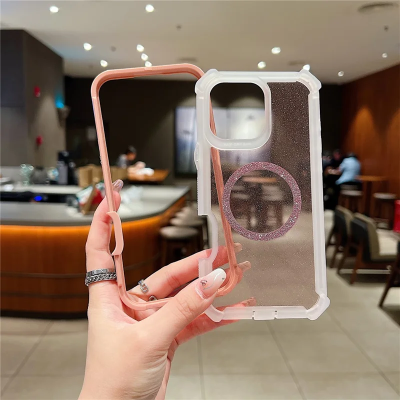 For iPhone 16 Pro Case Glitter Shockproof Clear Acrylic TPU Phone Cover Built-in Non-Magnetic Iron Ring - Transparent Gold