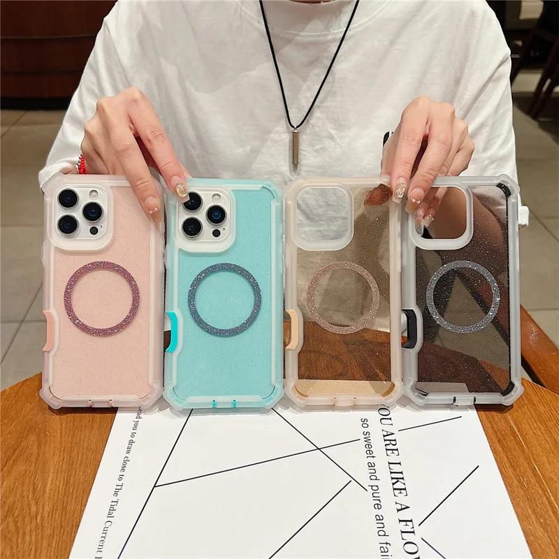 For iPhone 16 Pro Case Glitter Shockproof Clear Acrylic TPU Phone Cover Built-in Non-Magnetic Iron Ring - Transparent Gold