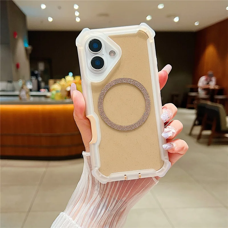 For iPhone 16 Case Glitter Shockproof Clear Acrylic TPU Phone Cover Built-in Non-Magnetic Iron Ring - Transparent Gold