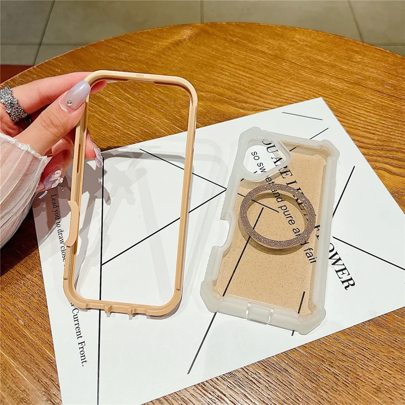 For iPhone 16 Case Glitter Shockproof Clear Acrylic TPU Phone Cover Built-in Non-Magnetic Iron Ring - Transparent Gold