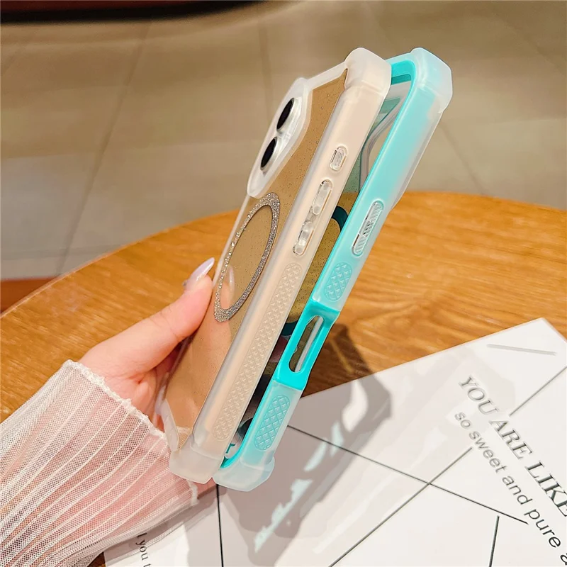 For iPhone 16 Case Glitter Shockproof Clear Acrylic TPU Phone Cover Built-in Non-Magnetic Iron Ring - Transparent Gold