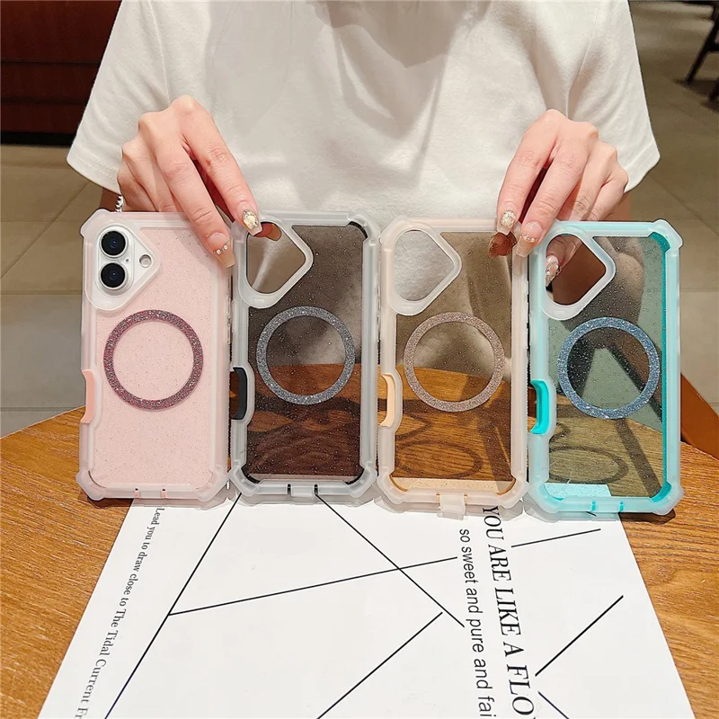 For iPhone 16 Case Glitter Shockproof Clear Acrylic TPU Phone Cover Built-in Non-Magnetic Iron Ring - Transparent Gold