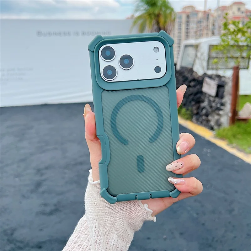 For iPhone 17 Pro Max Magnetic Case Carbon Fiber Texture Anti Drop TPU PC Phone Cover Compatible with MagSafe - Blackish Green