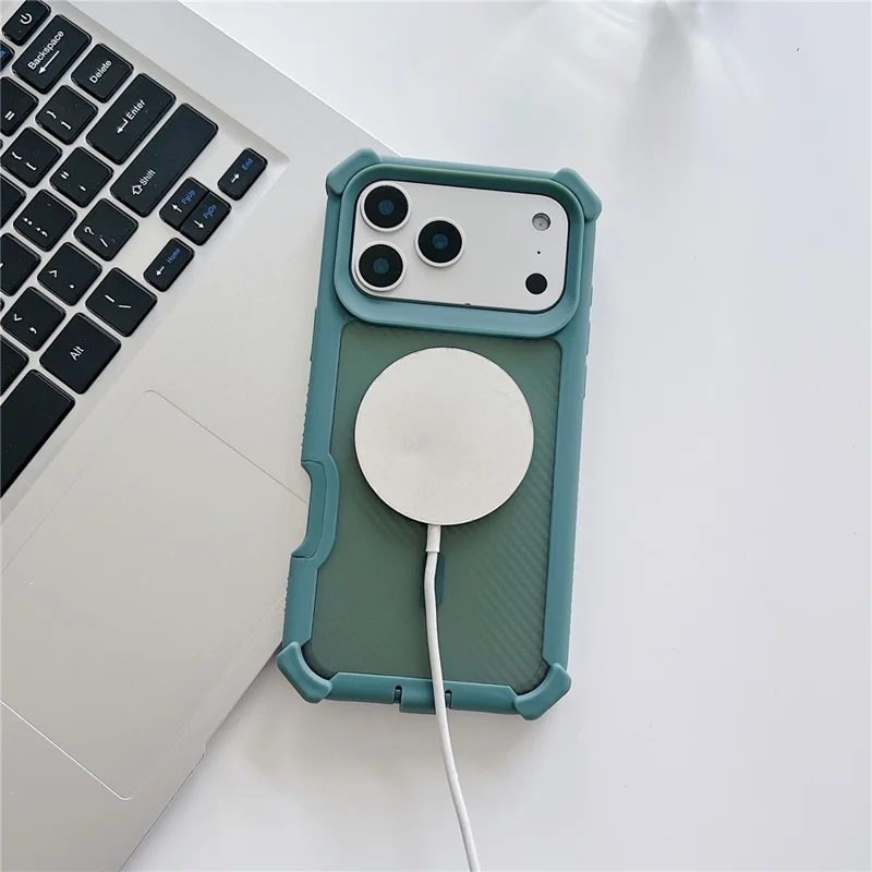 For iPhone 17 Pro Max Magnetic Case Carbon Fiber Texture Anti Drop TPU PC Phone Cover Compatible with MagSafe - Blackish Green