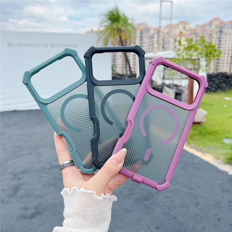 For iPhone 17 Pro Max Magnetic Case Carbon Fiber Texture Anti Drop TPU PC Phone Cover Compatible with MagSafe - Blackish Green