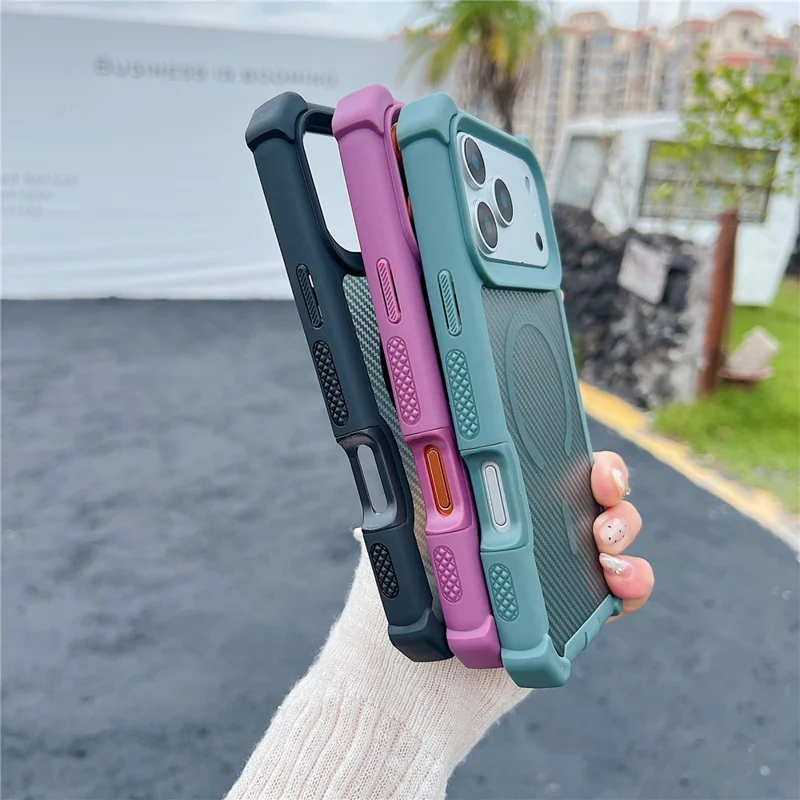 For iPhone 17 Pro Magnetic Case Carbon Fiber Texture Anti Drop TPU PC Phone Cover Compatible with MagSafe - Blackish Green