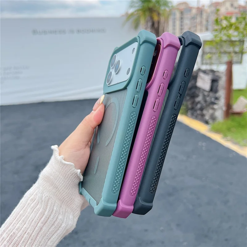 For iPhone 17 Pro Magnetic Case Carbon Fiber Texture Anti Drop TPU PC Phone Cover Compatible with MagSafe - Blackish Green