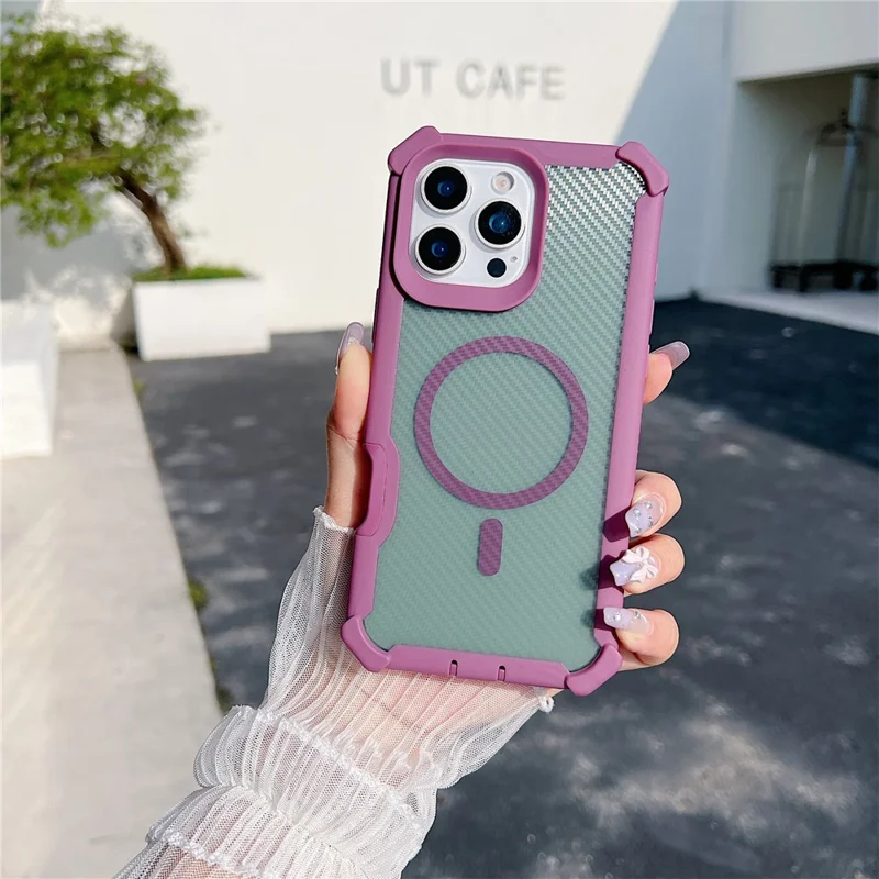 For iPhone 16 Pro Magnetic Case Carbon Fiber Texture Anti Drop TPU PC Phone Cover Compatible with MagSafe - Purple