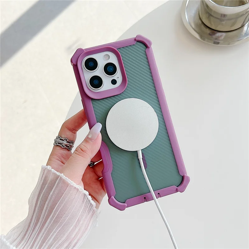 For iPhone 16 Pro Magnetic Case Carbon Fiber Texture Anti Drop TPU PC Phone Cover Compatible with MagSafe - Purple