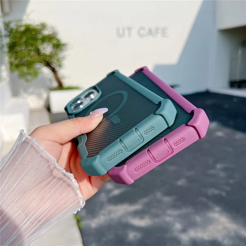 For iPhone 16 Pro Magnetic Case Carbon Fiber Texture Anti Drop TPU PC Phone Cover Compatible with MagSafe - Purple