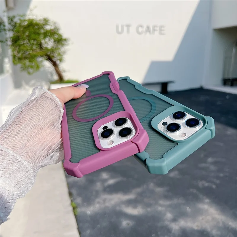 For iPhone 16 Pro Magnetic Case Carbon Fiber Texture Anti Drop TPU PC Phone Cover Compatible with MagSafe - Purple