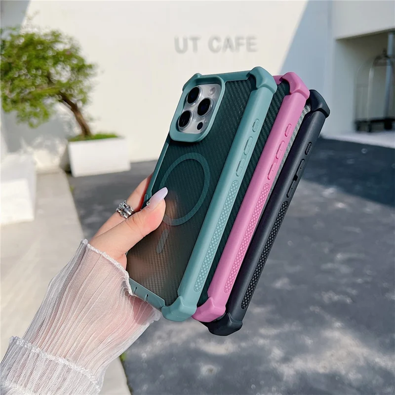 For iPhone 16 Pro Magnetic Case Carbon Fiber Texture Anti Drop TPU PC Phone Cover Compatible with MagSafe - Purple