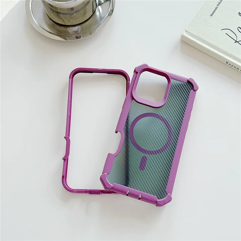 For iPhone 16 Pro Max Magnetic Case Carbon Fiber Texture Anti Drop TPU PC Phone Cover Compatible with MagSafe - Purple