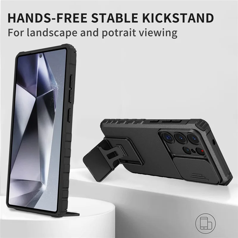 For Samsung Galaxy S26 Ultra Case Camera Slider PC + TPU Phone Cover with Kickstand - Black