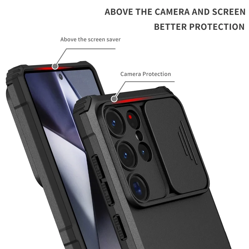 For Samsung Galaxy S26 Ultra Case Camera Slider PC + TPU Phone Cover with Kickstand - Black