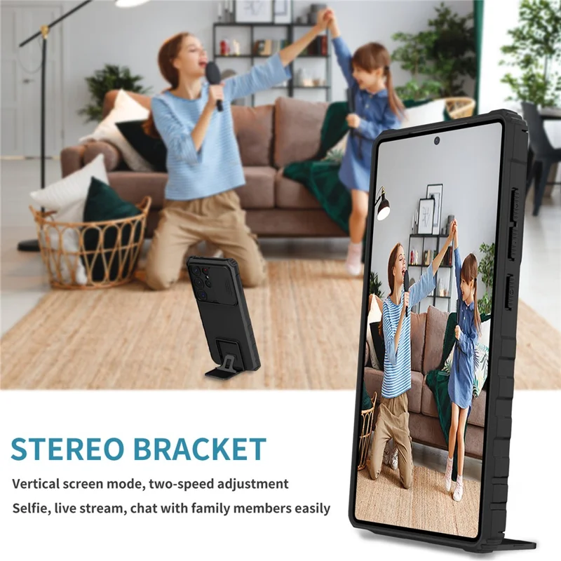 For Samsung Galaxy S26 Ultra Case Camera Slider PC + TPU Phone Cover with Kickstand - Black