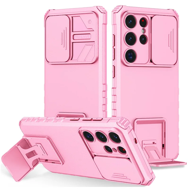 For Samsung Galaxy S26 Ultra Case Camera Slider PC + TPU Phone Cover with Kickstand - Pink