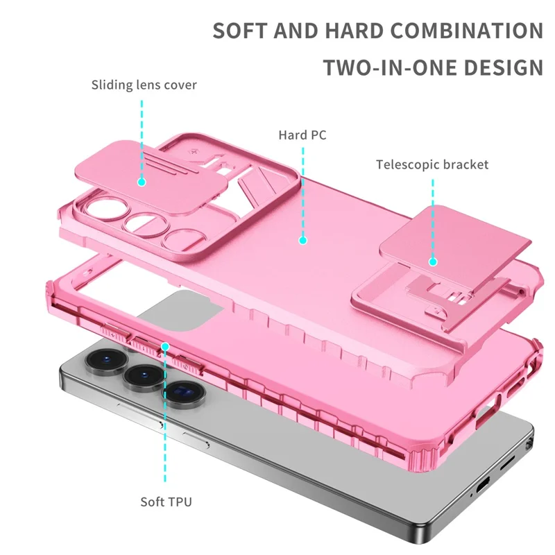 For Samsung Galaxy S26 Ultra Case Camera Slider PC + TPU Phone Cover with Kickstand - Pink