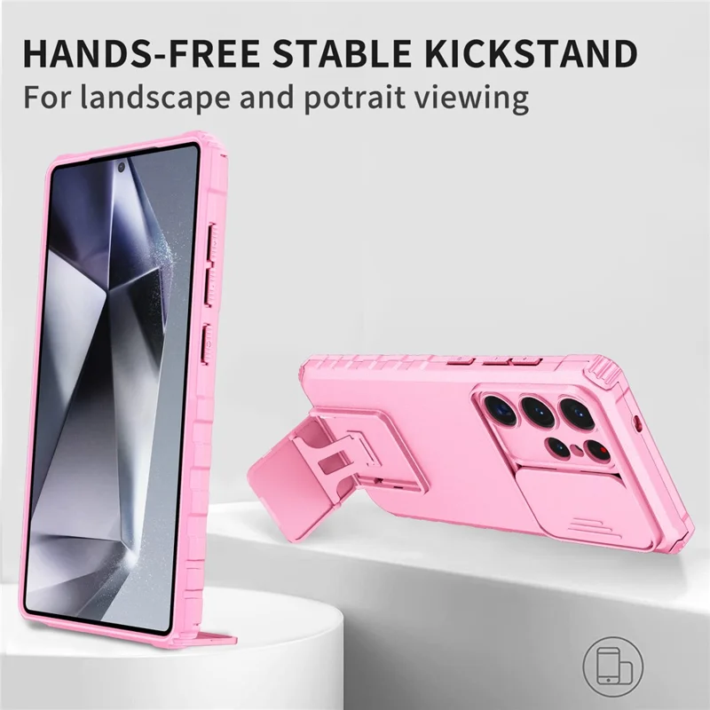 For Samsung Galaxy S26 Ultra Case Camera Slider PC + TPU Phone Cover with Kickstand - Pink