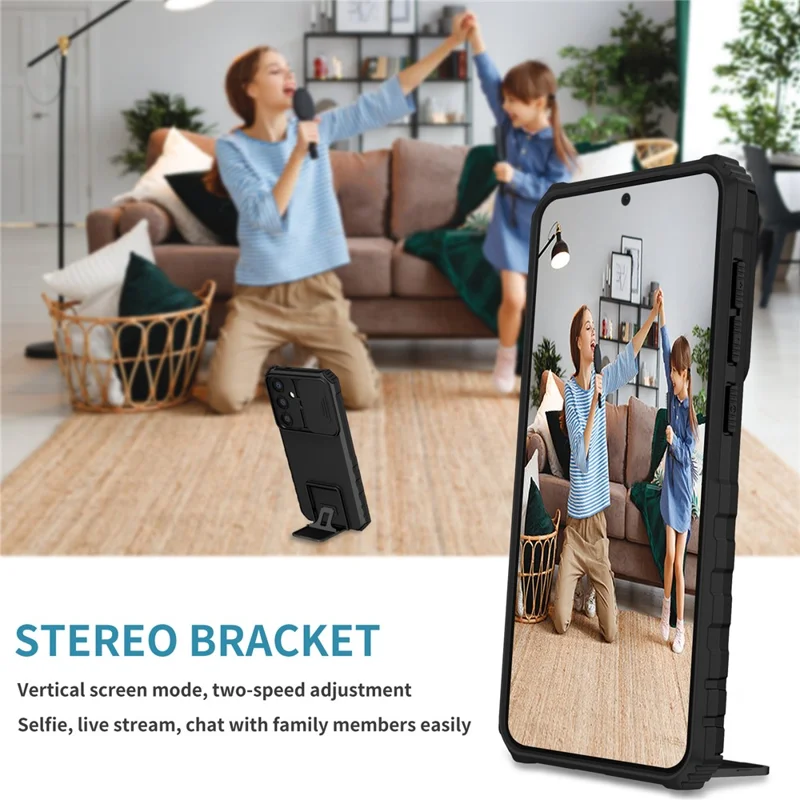 For Samsung Galaxy S26 Case Camera Slider PC + TPU Phone Cover with Kickstand - Black